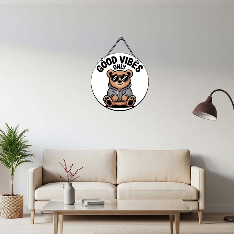 Good Vibes Only Wall Hanging Cute Teddy Wall Art with Chain Hanging Wall Hanging for Living Room, Bedroom, Office, Café Inspirational Wall Art Positive Vibes Decor